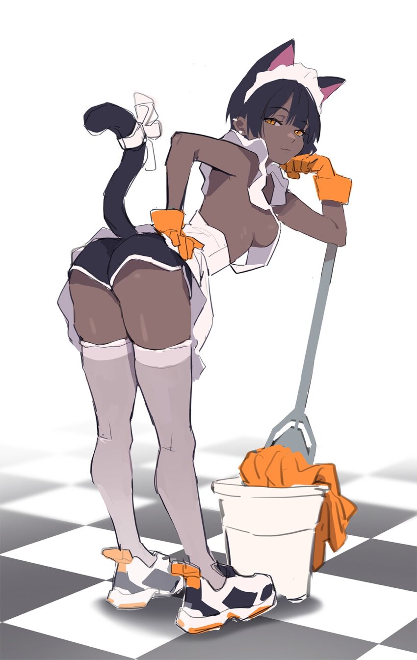 1girl, :3, animal_ears, apron, ass, bent_over, black_hair, black_shorts