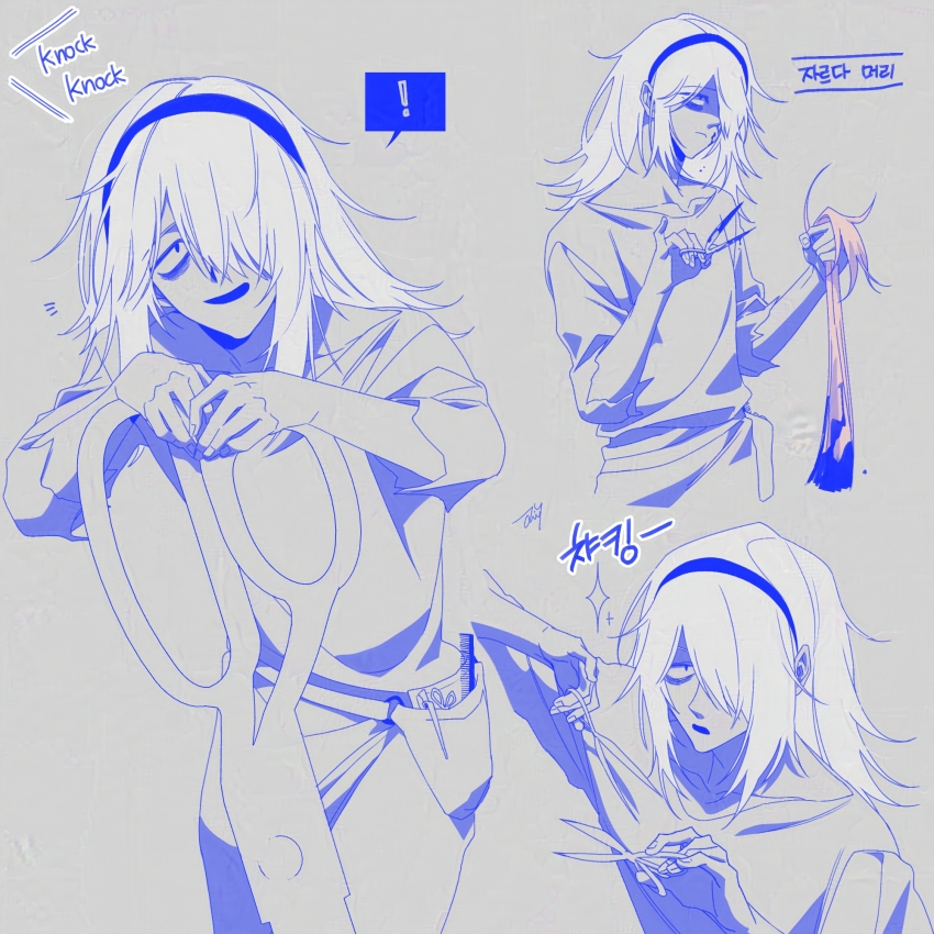 1girl, bbabbamis2, blood_on_scissors, blue_theme, commentary_request, dual_wielding, grey_background, grey_hair