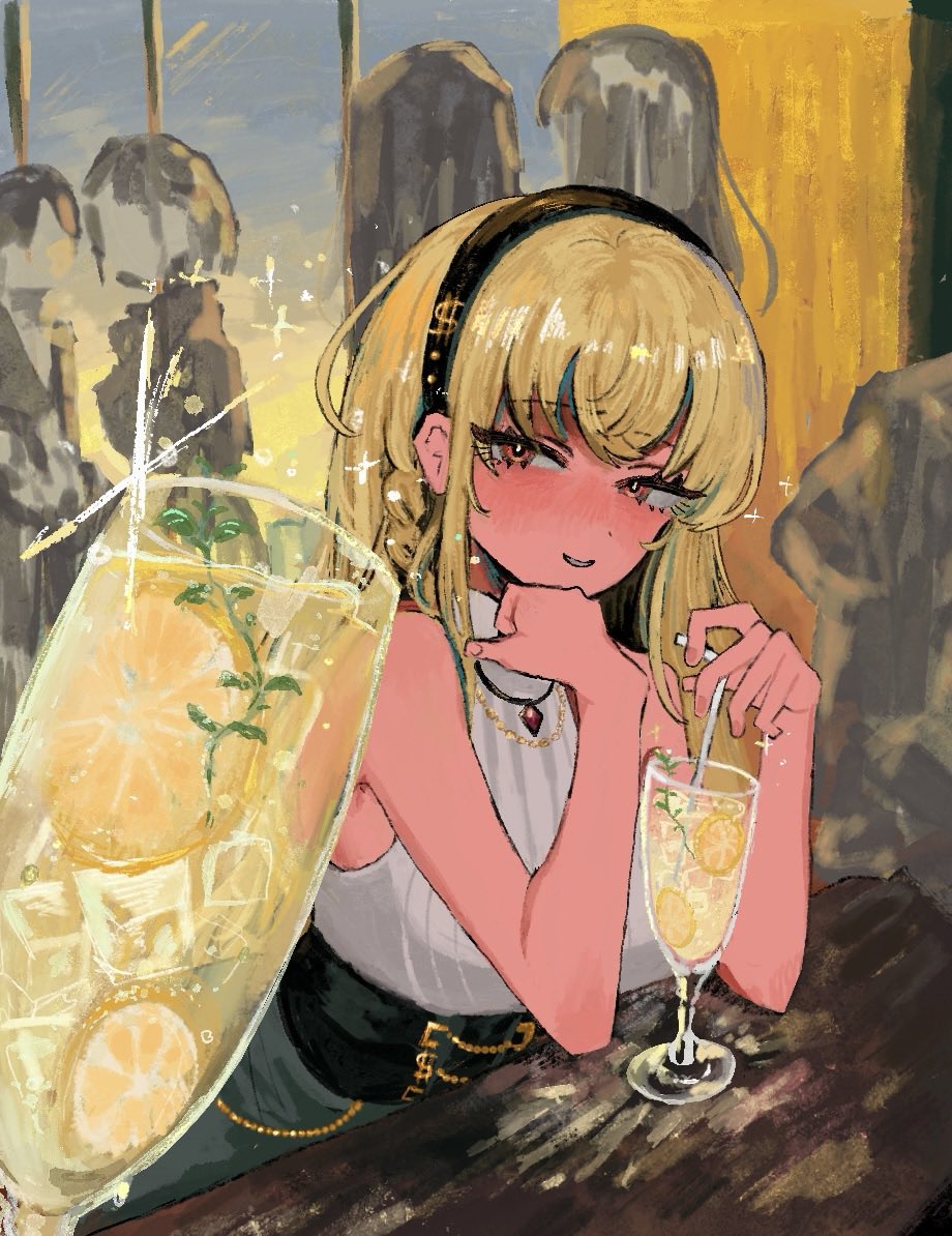1girl, bar_(place), bar_counter, bare_shoulders, black_corset, black_hairband, blonde_hair, blush