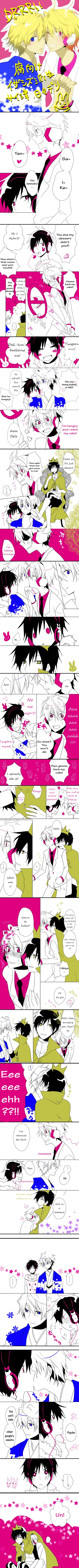 absurdres, black_hair, blonde_hair, blue_eyes, comic, crown, delic, durarara!!