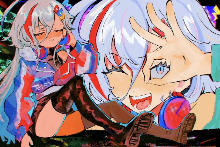 1girl, ahoge, black_shoes, black_shorts, black_thighhighs, blue_eyes, blue_streaks, blush