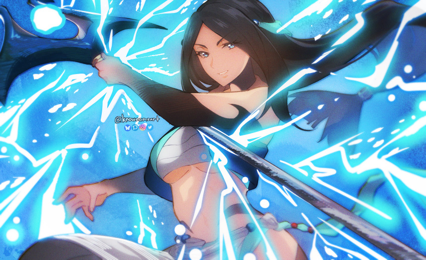 1girl, absurdres, bilingual_commentary, black_hair, blue_background, blue_eyes, body_markings, breasts