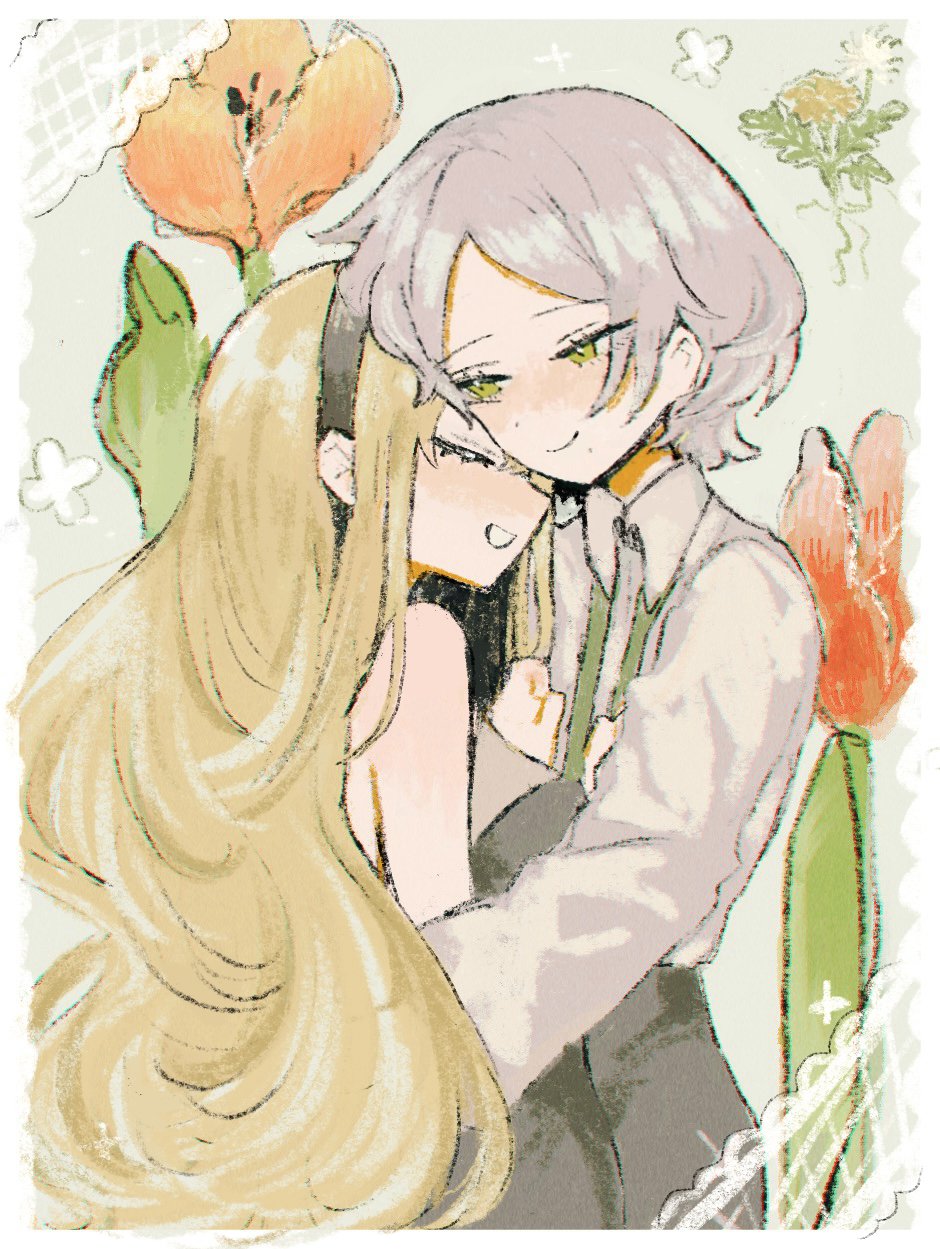 2girls, black_dress, black_headband, blonde_hair, blush, bob_cut, clenched_hands, closed_eyes