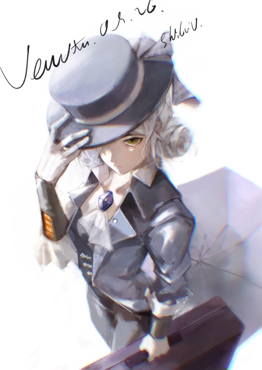 1girl, absurdres, ascot, black_coat, black_hat, black_pants, black_umbrella, blue_bow