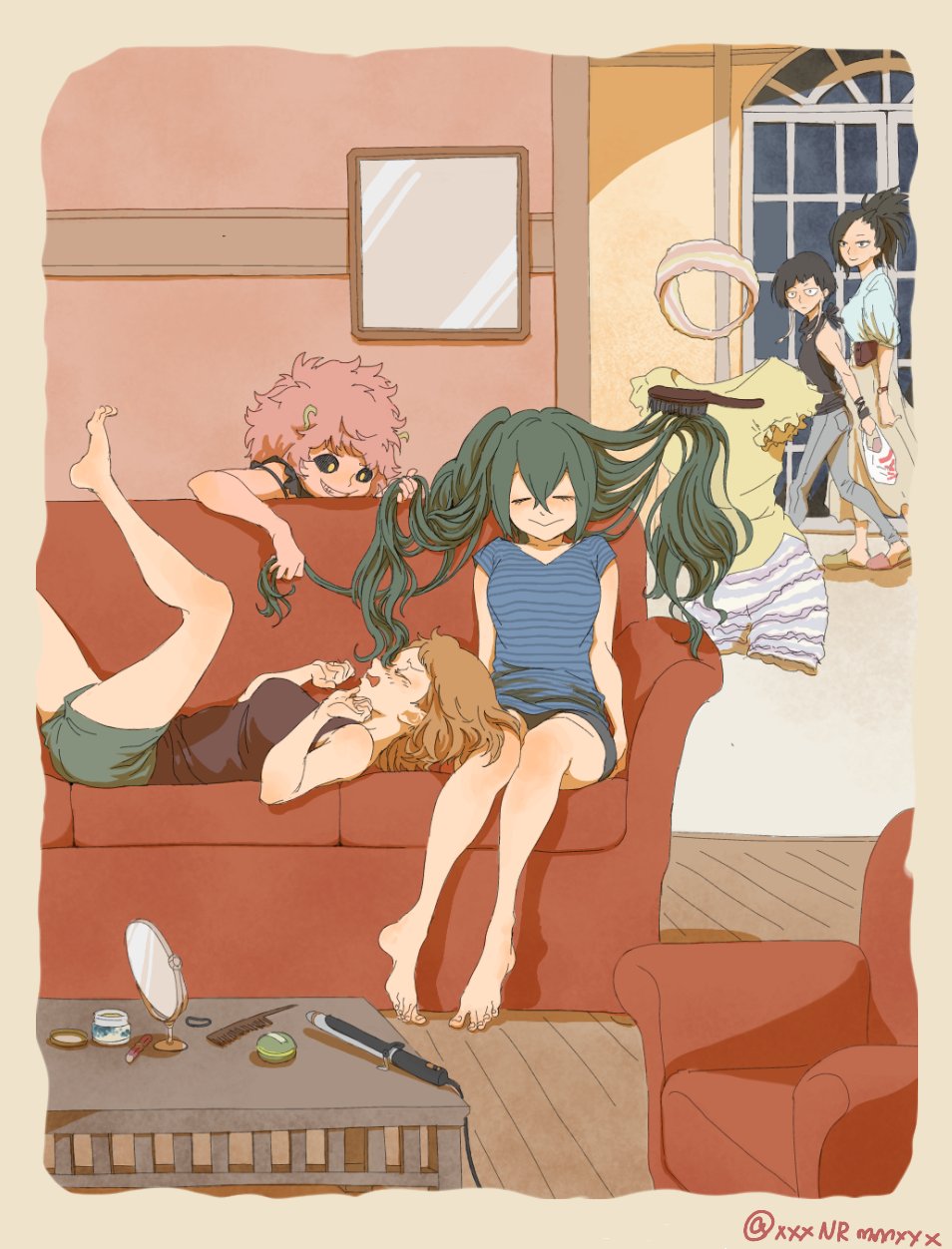 6+girls, ^_^, ashido_mina, asui_tsuyu, asymmetrical_bangs, barefoot, black_hair, boku_no_hero_academia, brown_hair, brushing_another's_hair, brushing_hair, closed_eyes, commentary_request, hagakure_toru, hair_between_eyes, highres, indoors, invisible, jiro_kyoka, long_hair, lying, multiple_girls, nikoban, on_back, pajamas, pink_hair, ponytail, shirt, short_hair, shorts, sitting, smile, t-shirt, twitter_username, uraraka_ochako, yaoyorozu_momo