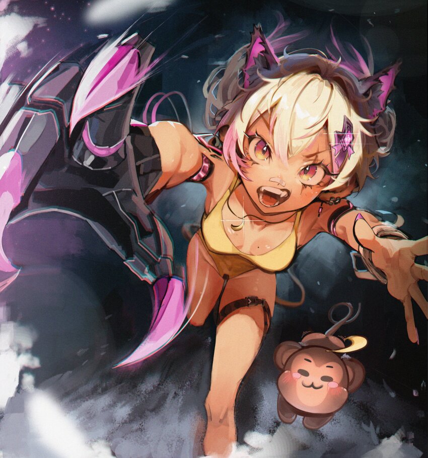 1girl, :3, absurdres, ahoge, animal_ears, axel_(koko_d._nuts), bandaid, bandaid_on_face, bandaid_on_nose, blonde_hair, breasts, cat_ears, cat_girl, clawing, claws, closed_mouth, commentary, cyborg, dark-skinned_female, dark_skin, earrings, english_commentary, eyelashes, fangs, fingernails, hair_ornament, highres, indie_virtual_youtuber, jewelry, koko_d._nuts, leotard, monkey, monkey_ears, monkey_girl, motion_blur, multicolored_hair, multiple_animal_ears, nail_polish, open_mouth, pink_hair, purple_nails, scar, scar_across_eye, scar_on_face, short_hair, small_breasts, smile, sparkle, teeth, thigh_strap, two-tone_hair, v-shaped_eyebrows, virtual_youtuber, yellow_leotard, z_danvers