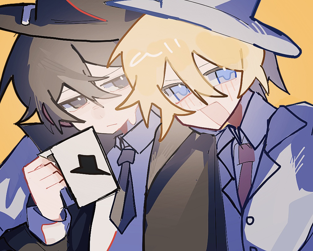2boys, :d, animification, arm_around_shoulder, behind_another, black_eyes, black_hair, black_hat