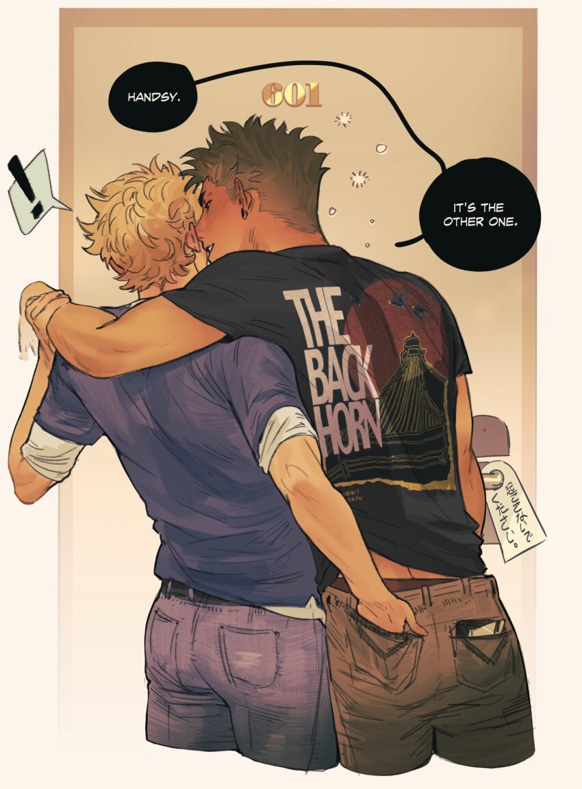 !, 2boys, ace_of_diamond, alternate_costume, arm_around_neck, back, black_shirt, blonde_hair