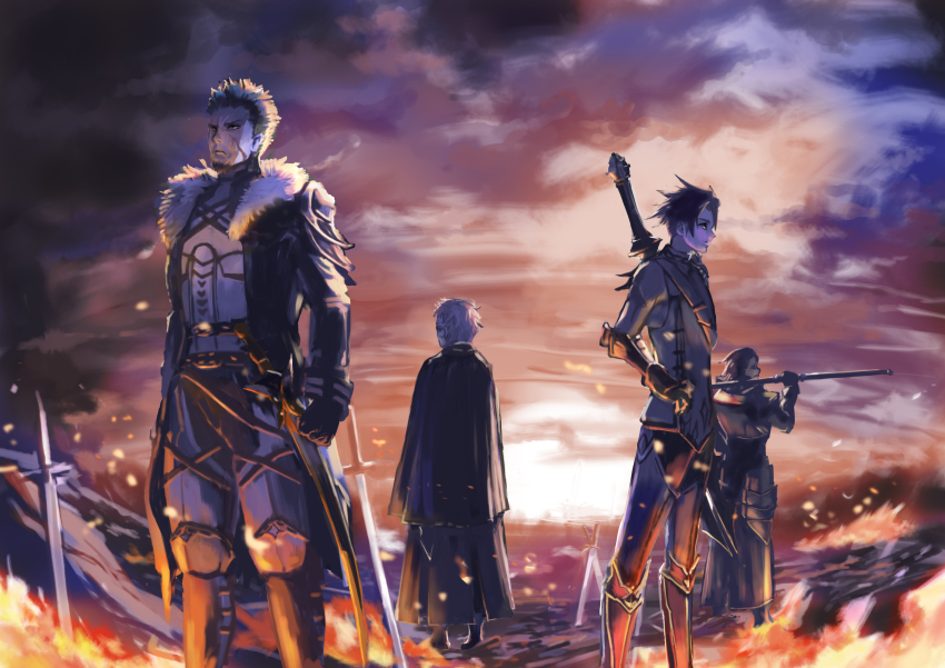 1girl, 3boys, absurdres, aleksander_ryback, arm_armor, armor, battlefield, fire, gal_farion, highres, holding, holding_staff, holding_weapon, huge_weapon, jacket, kalman_ii, kalman_iii, multiple_boys, mushoku_tensei, n_furaibou, reida_reia, scar, scar_on_face, staff, weapon, white_hair