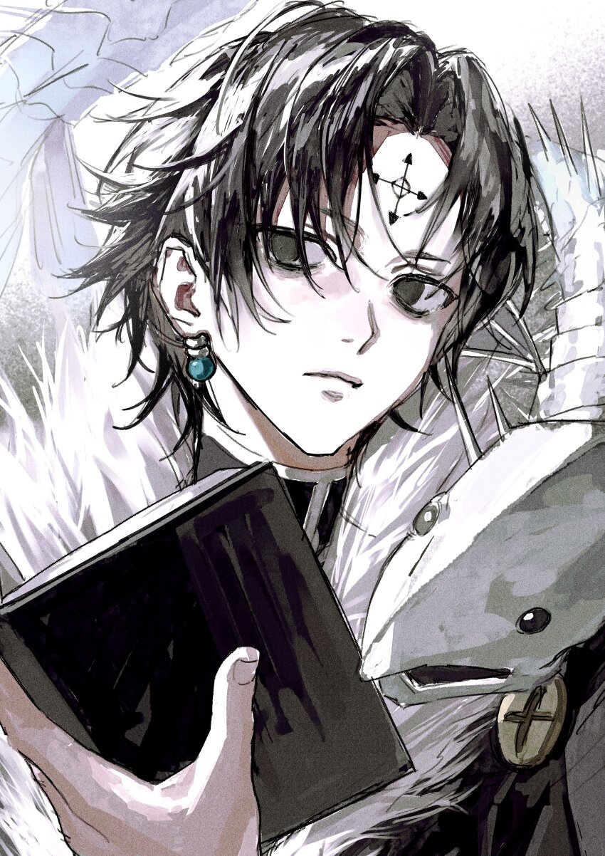 1boy, 333takoyaki, absurdres, black_eyes, black_hair, book, chrollo_lucilfer, closed_mouth