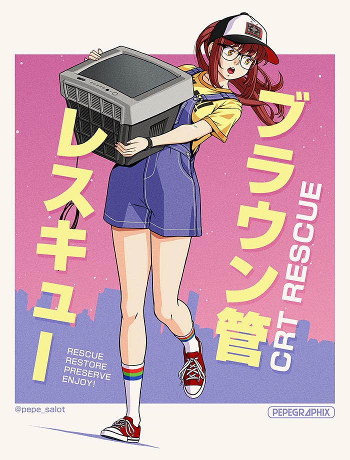 !, 1girl, :o, artist_logo, baseball_cap, blue_overalls, border, brown_eyes