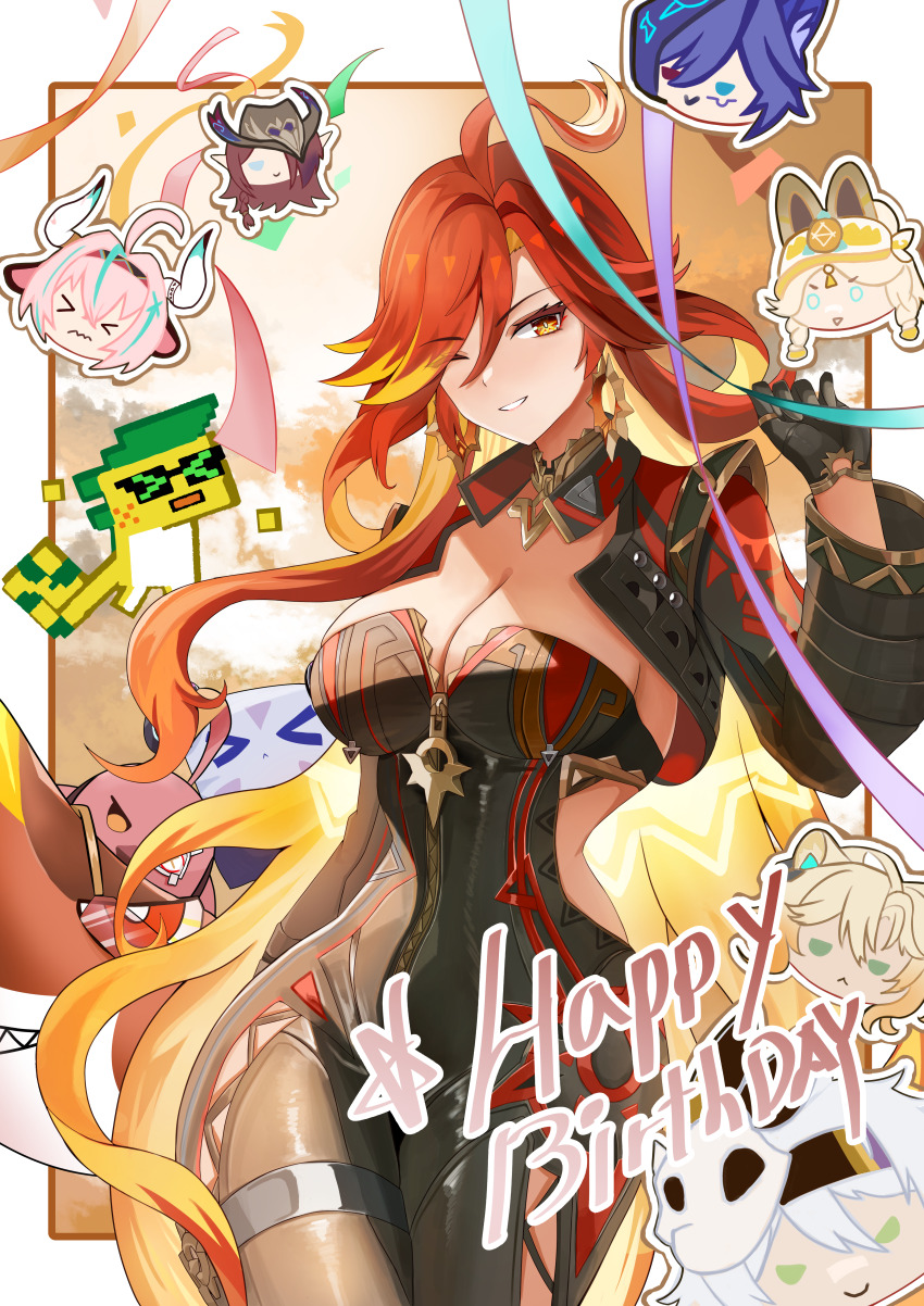 >:), >_<, 1boy, 6+girls, absurdres, ahoge, ajaw_(genshin_impact), animal_ears