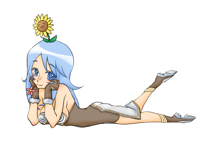 1girl, blue_eyes, blue_hair, blush, boots, breasts, brown_boots, brown_dress, brown_gloves, closed_mouth, commentary_request, dress, flower, flower_in_mouth, flower_on_head, full_body, fur-trimmed_gloves, fur_trim, gloves, hands_on_own_cheeks, hands_on_own_face, high_wizard_(ragnarok_online), layered_dress, long_hair, looking_at_viewer, lying, medium_breasts, no_cape, on_stomach, pink_flower, ragnarok_online, short_dress, simple_background, smile, solo, strapless, strapless_dress, suiku_n, sunflower, the_pose, white_background, yellow_flower