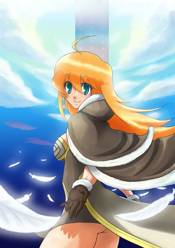 1girl, ahoge, ass, blonde_hair, blue_eyes, blue_sky, breasts, brown_cape