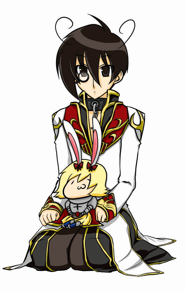 1boy, 1girl, :3, animal_ears, armor, black-framed_eyewear, black_coat, blonde_hair, bow, breastplate, brown_hair, brown_pants, chibi, chibi_inset, closed_mouth, coat, commentary_request, expressionless, full_body, gold_trim, hair_between_eyes, high_priest_(ragnarok_online), long_bangs, long_sleeves, lord_knight_(ragnarok_online), mini_person, minigirl, monocle, multicolored_coat, on_lap, pants, rabbit_ears, rabbit_girl, ragnarok_online, red_bow, red_coat, round_eyewear, seiza, short_hair, simple_background, sitting, suiku_n, two-tone_coat, white_background, white_coat