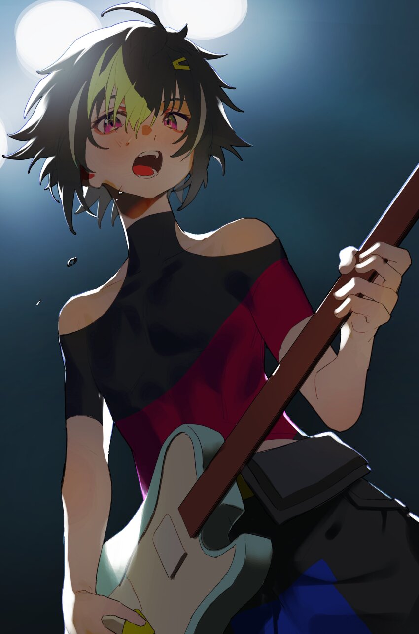 1boy, 333takoyaki, absurdres, black_hair, ceiling_light, clothing_cutout, commentary_request, green_hair, guitar, hair_between_eyes, highres, holding, holding_instrument, holding_plectrum, inami_rai, inami_rai_(2nd_costume), instrument, looking_at_viewer, male_focus, multicolored_hair, music, nijisanji, open_mouth, pink_eyes, playing_instrument, plectrum, shoulder_cutout, solo, sweat, virtual_youtuber