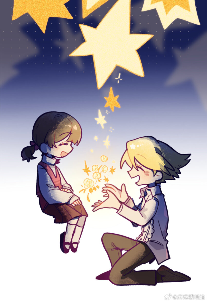 1boy, 1girl, black_pants, blonde_hair, blush, brown_hair, brown_skirt, closed_eyes