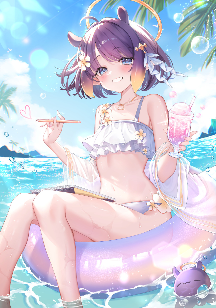 1girl, :d, absurdres, bikini, blue_eyes, commentary, cup, day