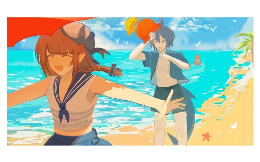 1481958711, beach, blue_sailor_collar, brown_hair, fins, fish_tail, funamusea, head_fins, highres, ocean, octoling, official_alternate_costume, oounabara_to_wadanohara, planted, planted_umbrella, sailor_collar, samekichi_(funamusea), shark_boy, shark_tail, sleeveless, swimsuit, tail, tarako_(funamusea), umbrella, wadanohara