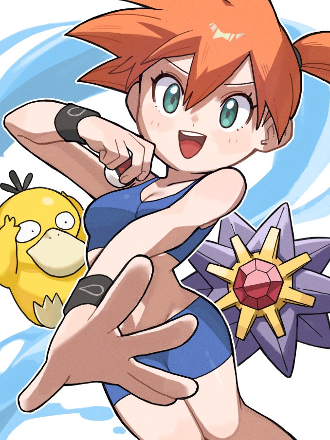 1girl, :d, bike_shorts, bikini, blue_bikini, blue_shorts, blue_sports_bra, blush, breasts, cleavage, eyelashes, gen_1_pokemon, green_eyes, hair_between_eyes, hair_tie, holding, holding_poke_ball, looking_at_viewer, misty_(pokemon), navel, nintendo, one_side_up, open_mouth, orange_hair, outstretched_arm, poke_ball, poke_ball_(basic), pokemon, pokemon_firered_and_leafgreen, ponytail, psyduck, pynpyn_dx, short_hair, shorts, side_ponytail, smile, solo, sports_bra, spread_fingers, starmie, swimsuit, teeth, tongue, upper_teeth_only, wristband