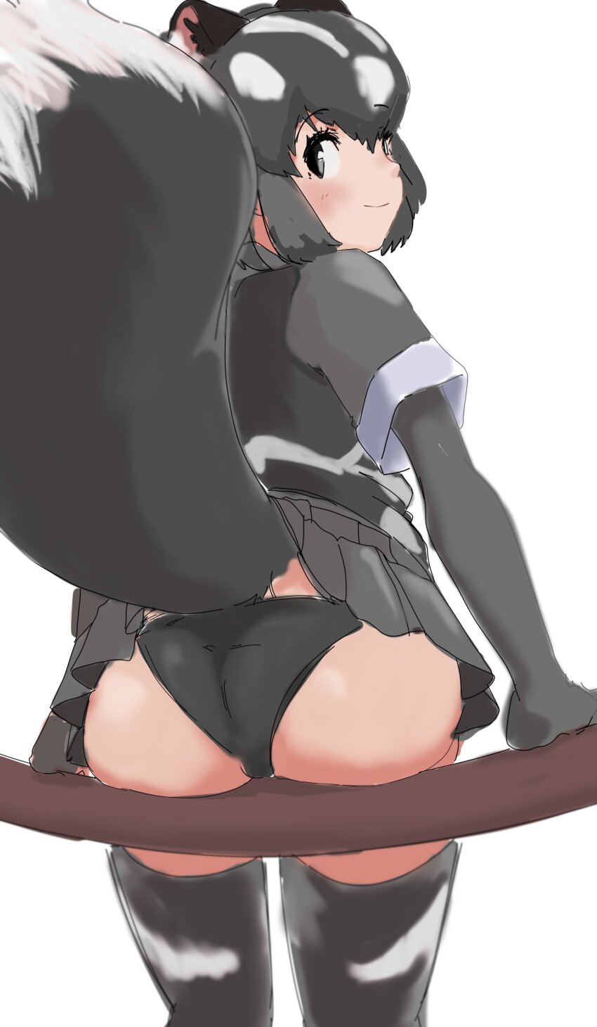 1girl, absurdres, animal_ears, ass, black_eyes, black_hair, black_panties, black_thighhighs, black_vest, blush, closed_mouth, commentary_request, elbow_gloves, extra_ears, from_behind, fuzhuz, gloves, grey_gloves, grey_shirt, grey_skirt, hair_between_eyes, highres, kemono_friends, looking_at_viewer, looking_back, multicolored_hair, panties, pleated_skirt, shirt, short_hair, short_sleeves, simple_background, skirt, skunk_ears, skunk_girl, skunk_tail, smile, solo, spotted_skunk_(kemono_friends), tail, thighhighs, two-tone_hair, underwear, vest, white_background, white_hair
