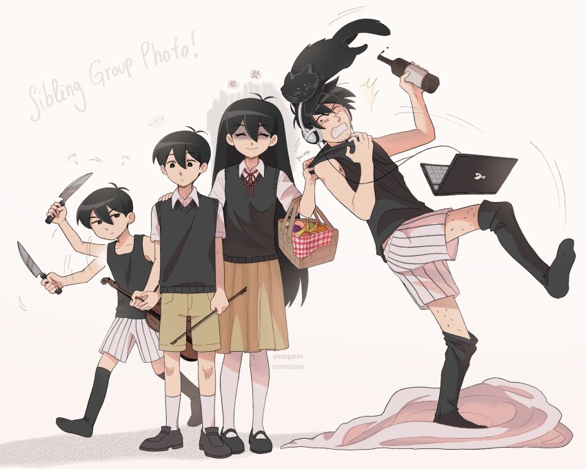1girl, 3boys, ^^^, ^_^, absurdres, alternate_skin_color, anger_vein, animal, animal_on_head, antenna_hair, banana, bare_arms, bare_shoulders, black_boots, black_cat, black_eyes, black_hair, black_shoes, black_socks, black_sweater_vest, black_tank_top, boots, bottle, bow_(music), bright_pupils, brown_shorts, brown_skirt, cat, cat_on_head, clenched_teeth, closed_eyes, closed_mouth, collarbone, collared_shirt, commission, computer, double-parted_bangs, elbow_carry, english_text, facial_hair, facing_viewer, food, frown, fruit, full_body, grapes, grey_pupils, hair_between_eyes, highres, holding, holding_bottle, holding_bow_(music), holding_instrument, holding_knife, holding_violin, instrument, kneehighs, knife, laptop, leg_hair, loafers, long_hair, looking_at_another, mari_(faraway)_(omori), mari_(omori), mary_janes, medium_skirt, mewo, multiple_boys, multiple_persona, neck_ribbon, no_sclera, no_shoes, notice_lines, omori, omori_(omori), omoriboy, on_head, orange_(fruit), over-kneehighs, picnic_basket, pleated_skirt, red_ribbon, ribbon, shaded_face, shadow, shirt, shoes, shorts, shrimperini, simple_background, skirt, smile, socks, standing, standing_on_one_leg, straight_hair, striped_clothes, striped_shorts, sunny_(omori), sweater_vest, tank_top, teeth, thighhighs, v-shaped_eyebrows, vertical-striped_clothes, vertical-striped_shorts, very_long_hair, violin, white_shirt, white_shorts, white_socks