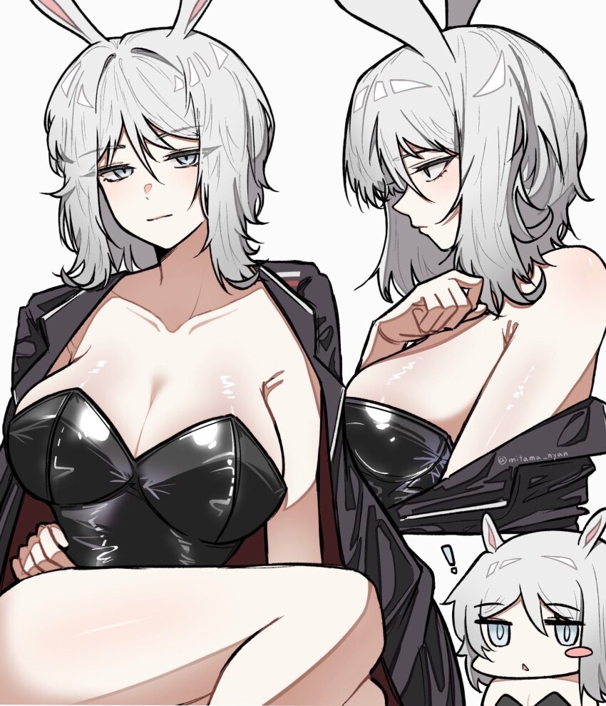 !, 1girl, absurdres, alternate_costume, animal_ears, black_coat, black_leotard, blue_eyes