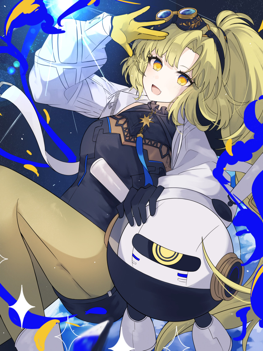 1girl, absurdres, arcaea, black_bodysuit, black_gloves, blonde_hair, bodystocking, bodysuit