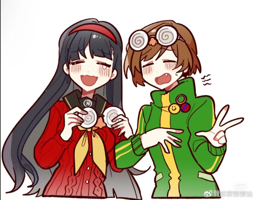 2girls, amagi_yukiko, badge, black_hair, black_sailor_collar, brown_hair, button_badge, closed_eyes, coke-bottle_glasses, exhausted, fang, glasses, green_jacket, groucho_glasses, hairband, holding, holding_removed_eyewear, jacket, long_hair, multiple_girls, neckerchief, open_mouth, persona, persona_4, red_hairband, red_sweater, sailor_collar, satonaka_chie, simple_background, sweater, tears, unworn_eyewear, white_background, yellow_neckerchief, zhenquanxicailan