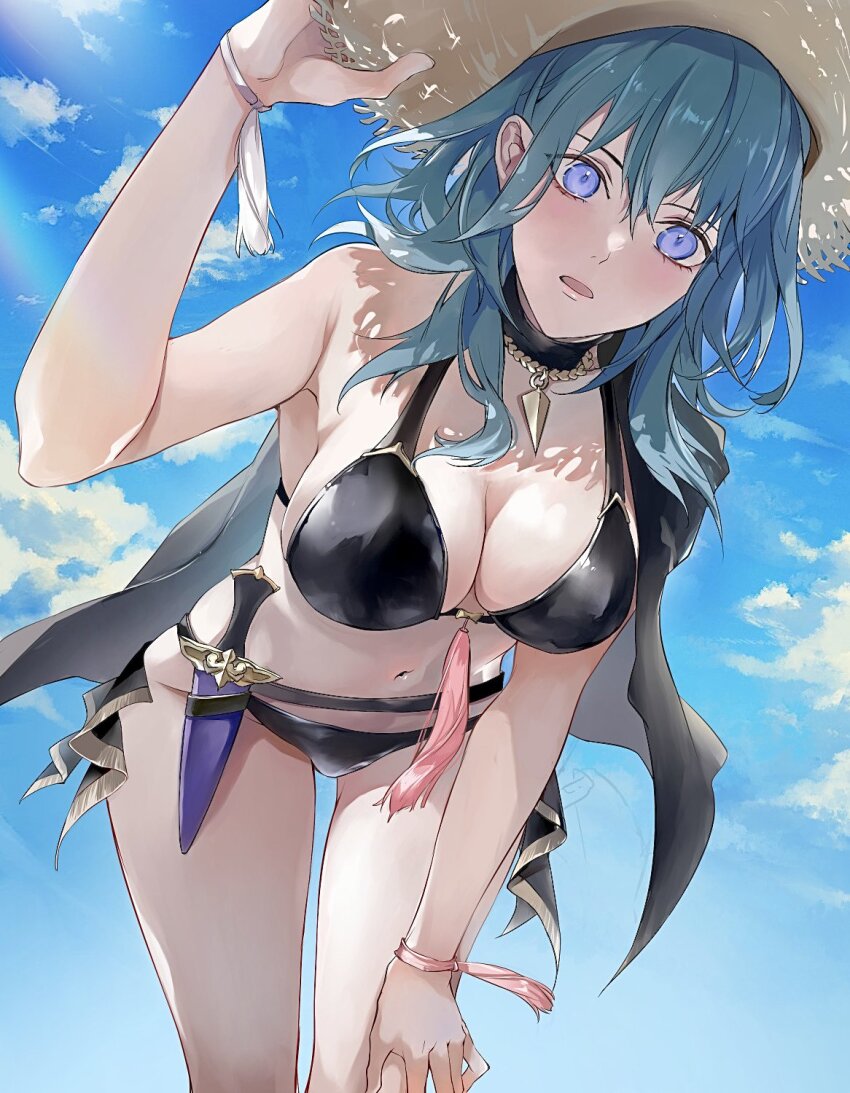 1girl, black_cape, blue_sky, blush, breasts, cape, cleavage, cloud, commentary_request, female_byleth_(fire_emblem), female_byleth_(summer)_(fire_emblem), fire_emblem, fire_emblem:_three_houses, fire_emblem_heroes, hair_between_eyes, hat, highres, large_breasts, navel, nintendo, official_alternate_costume, outdoors, sky, solo, stomach, straw_hat, sunlight, zat_296