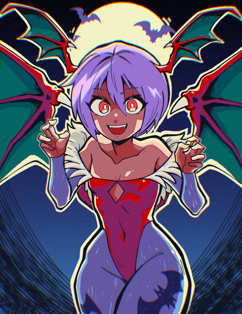 1girl, alt_text, animal_print, arms_up, backlighting, bat_(animal), bat_print, black_border, blue_background, blue_pantyhose, blue_sleeves, blurry, boltcreature, border, chromatic_aberration, claw_pose, cleavage_cutout, clothing_cutout, collarbone, commentary, cowboy_shot, darkstalkers, demon_girl, demon_wings, depth_of_field, detached_sleeves, english_commentary, fangs, full_moon, green_wings, grin, hair_between_eyes, head_wings, highres, leotard, lilith_(darkstalkers), long_sleeves, looking_at_viewer, moon, open_mouth, pantyhose, pink_hair, red_eyes, red_leotard, short_hair, smile, solo, strapless, strapless_leotard, teeth, upper_teeth_only, white_border, wings