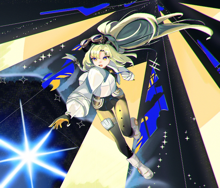 1girl, arcaea, black_gloves, black_shirt, black_skirt, black_thighhighs, blonde_hair, boots