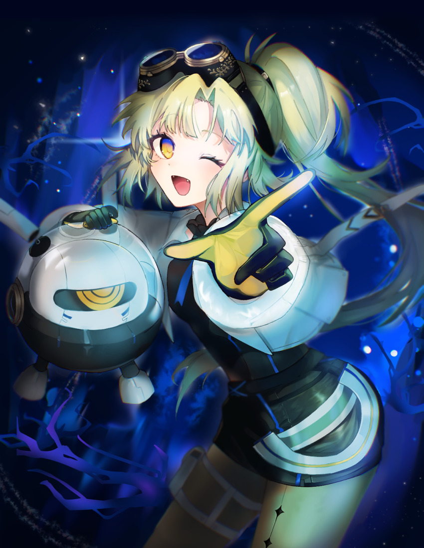 1girl, absurdres, arcaea, black_gloves, black_shirt, black_skirt, black_thighhighs, blonde_hair, breasts, curtained_hair, fangs, gloves, goggles, green_hair, high_ponytail, highres, jacket, leather, leather_skirt, medium_breasts, medium_hair, nonoka_(arcaea), one_eye_closed, ponytail, see-through_clothes, shirt, skirt, smile, solo, thigh_strap, thighhighs, two-tone_gloves, uranomeri, white_jacket, white_sleeves, yellow_eyes, yellow_gloves, yellow_thighhighs