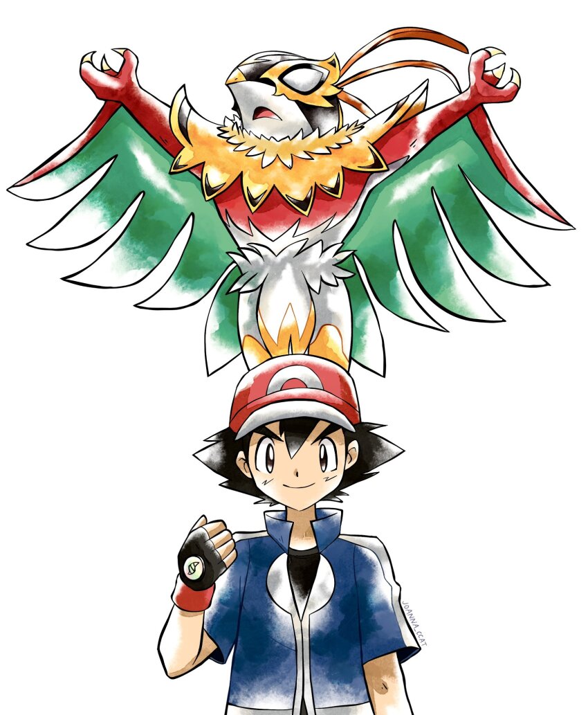 1boy, ash_ketchum, baseball_cap, blue_jacket, gen_6_pokemon, hat, hawlucha, highres, jacket, joanna_ccat, mega_hawlucha, nintendo, open_clothes, open_jacket, pokemon, pokemon_(anime), pokemon_(creature), pokemon_the_series:_xy, red_hat, spiked_hair