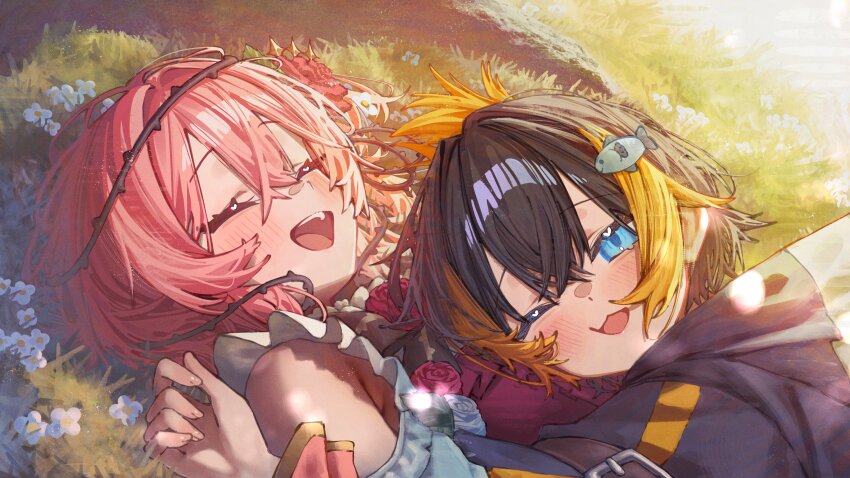 2girls, absurdres, betanonbeet, black_hair, blonde_hair, blue_eyes, closed_eyes, fish_hair_ornament