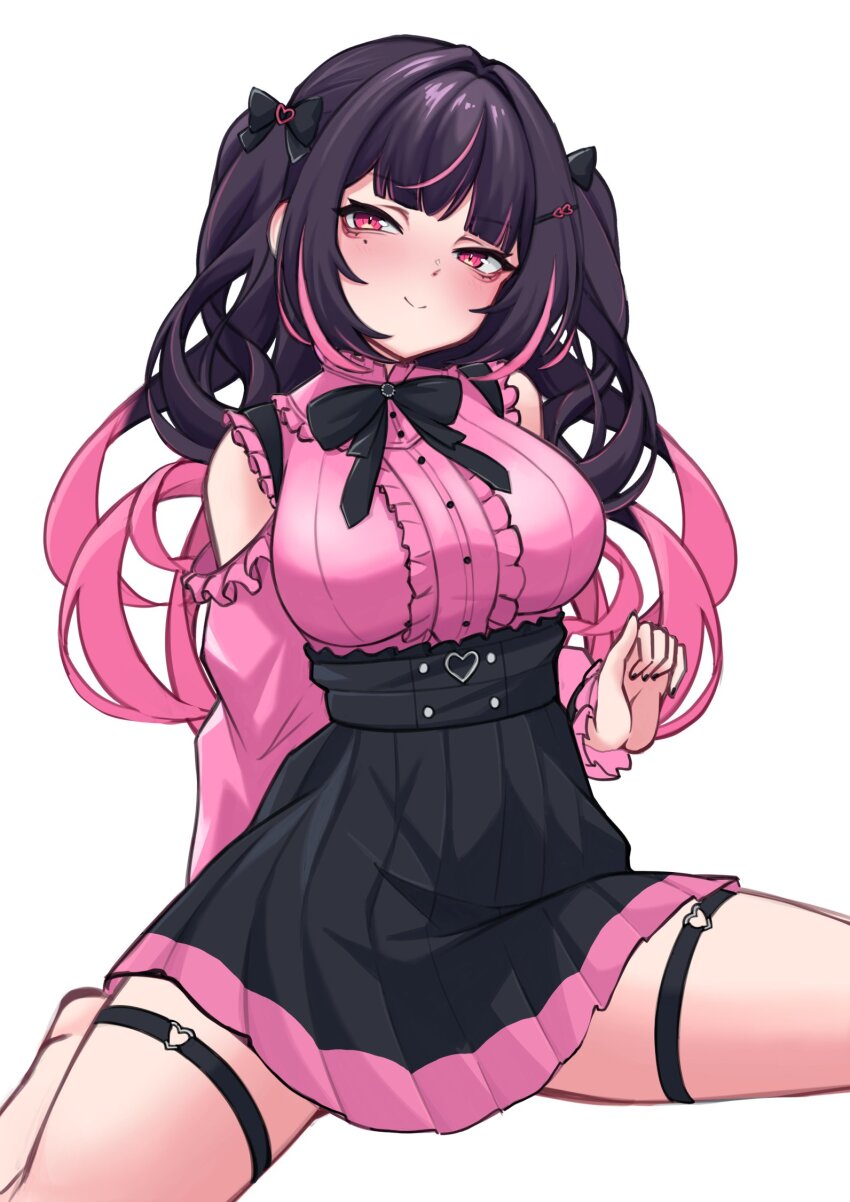 1girl, black_bow, black_bowtie, black_hair, black_skirt, bow, bowtie, breasts