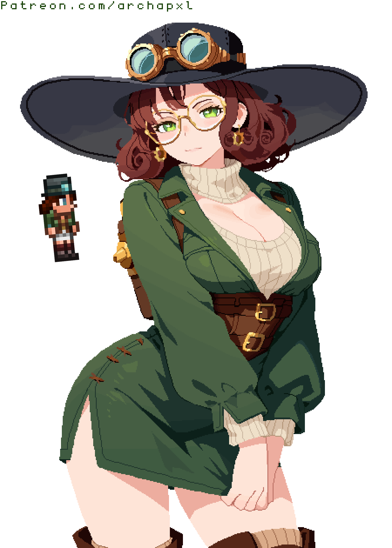 1girl, archapxl, belt, black_hat, boots, breasts, brown_belt, brown_boots, brown_hair, brown_strap, cleavage, cleavage_cutout, closed_mouth, clothing_cutout, commentary, crossed_bangs, english_commentary, gear_earrings, glasses, goggles, goggles_on_headwear, green_eyes, green_shirt, green_skirt, hat, highres, large_breasts, long_sleeves, medium_hair, messy_hair, multiple_belts, pixel_art, pulling_own_clothes, round_eyewear, shirt, shoulder_strap, side_slit, simple_background, skirt, sprite, steampunker_(terraria), sweater, sweater_under_shirt, terraria, thigh_boots, watermark, web_address, white_background, yellow-framed_eyewear, yellow_sweater