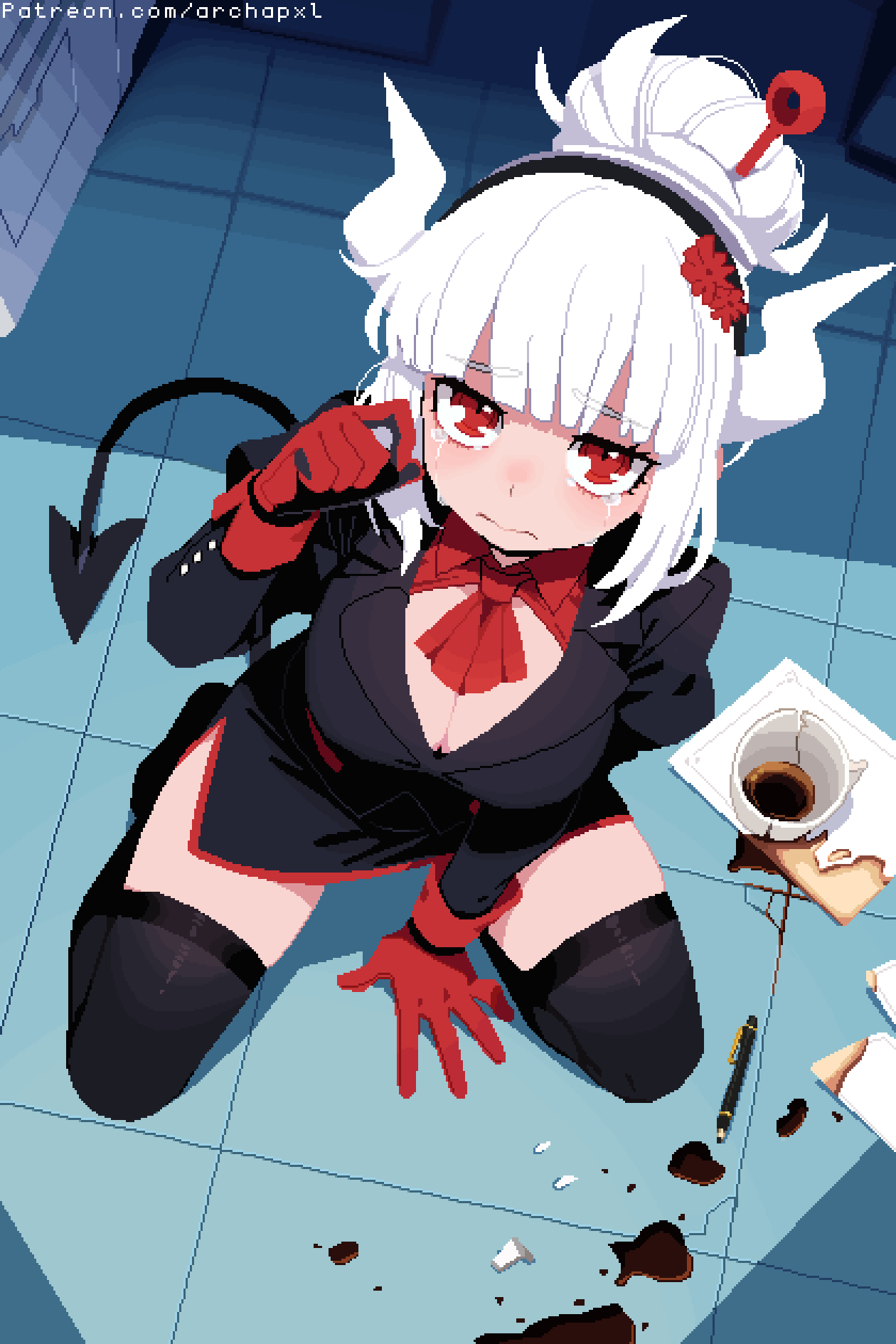 1girl, :s, archapxl, black_hairband, black_shirt, black_skirt, black_thighhighs, blunt_bangs