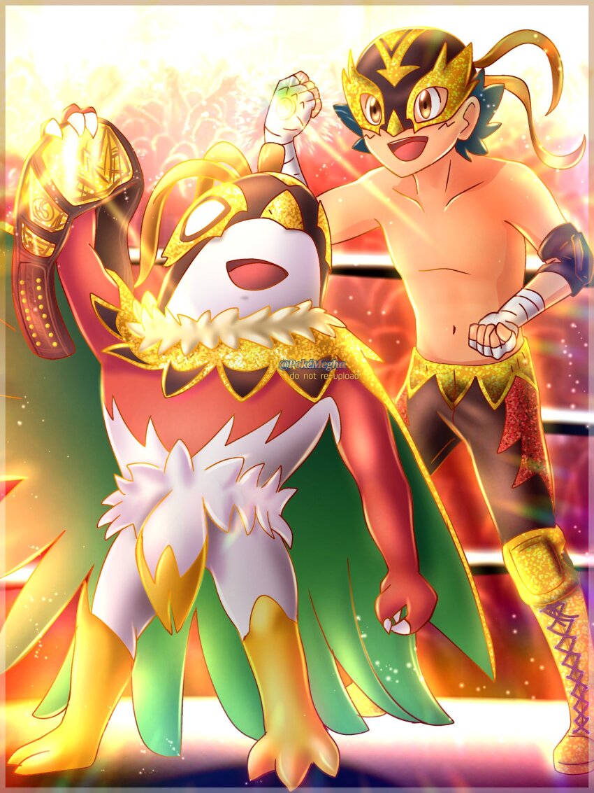 1boy, arm_up, ash_ketchum, bird, black_hair, claws, feathers, furry, gen_6_pokemon, gloves, hawlucha, highres, luchador, luchador_mask, mask, mega_hawlucha, mega_pokemon, nintendo, open_mouth, pokemegha, pokemon, pokemon_(anime), pokemon_(creature), pokemon_the_series:_sun_&amp;_moon, smile, standing, teeth, wing_cape, wings, wrestler, wrestling, wrestling_boots, wrestling_mask, wrestling_outfit, wrestling_ring