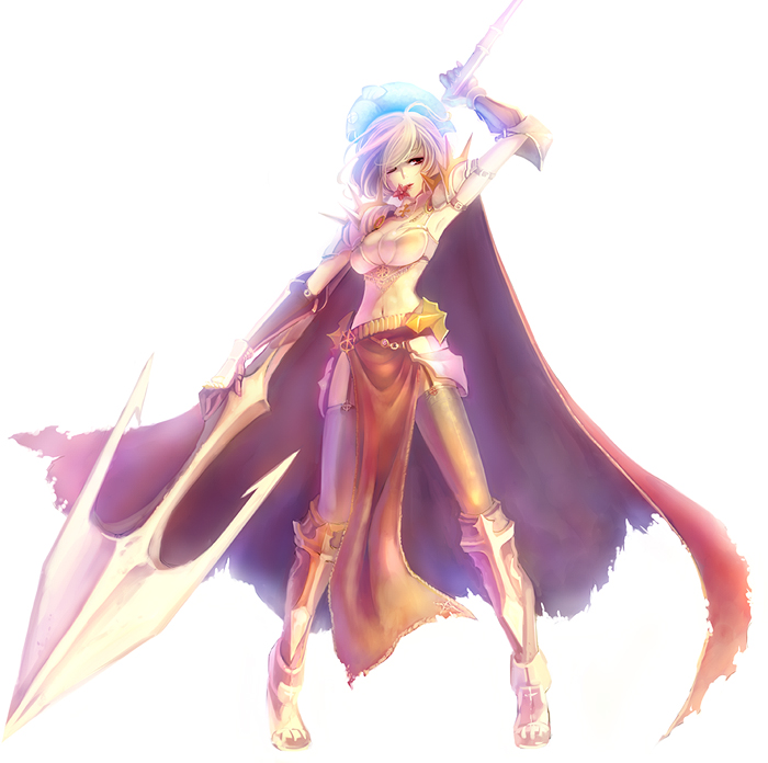 1girl, animal, animal_on_head, arm_up, armor, backlighting, bad_id, bad_pixiv_id, black_thighhighs, blonde_hair, breasts, brown_eyes, cape, cleavage, female_focus, fish, flower, garter_straps, gloves, greaves, medium_breasts, mouth_hold, navel, norapeko, on_head, one_eye_closed, pauldrons, polearm, ragnarok_online, rune_knight_(ragnarok_online), short_hair, shoulder_armor, simple_background, solo, soraku, spear, spikes, thighhighs, vambraces, weapon, wink