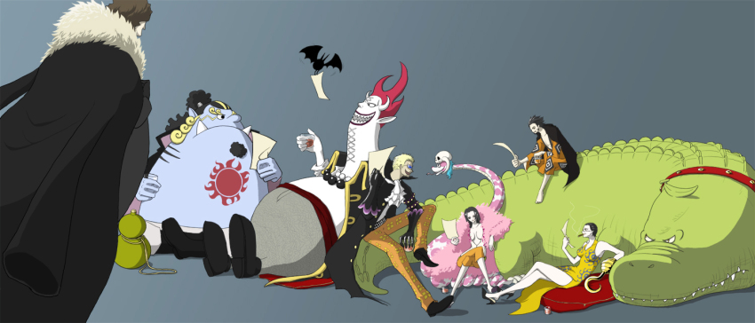 2girls, 5boys, alcohol, amazon_warrior, bad_id, bad_pixiv_id, bananawani, bartholomew_kuma, bat_(animal), black_hair, blonde_hair, blue_skin, boa_hancock, breasts, cigar, colored_skin, cosplay, costume_switch, crocodile_(one_piece), crossdressing, donquixote_doflamingo, dracule_mihawk, facial_hair, gecko_moria, genderswap, genderswap_(mtf), high_heels, hook_hand, jinbe_(one_piece), large_breasts, long_hair, long_image, monster_boy, multiple_boys, multiple_girls, novit, one_piece, salome_(one_piece), scar, shoes, short_hair, sitting, skull, snake, stitches, tattoo, white_skin, wide_image