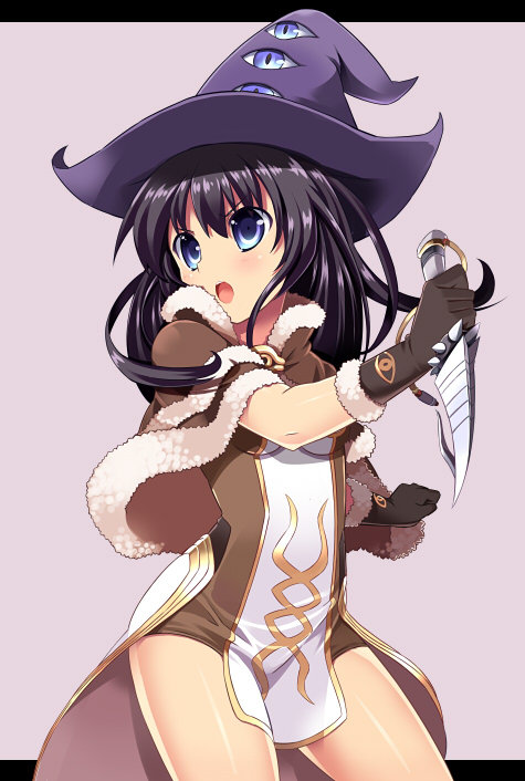 1girl, bad_id, bad_pixiv_id, black_hair, blue_eyes, capelet, chibi_(nekomimimi), dagger