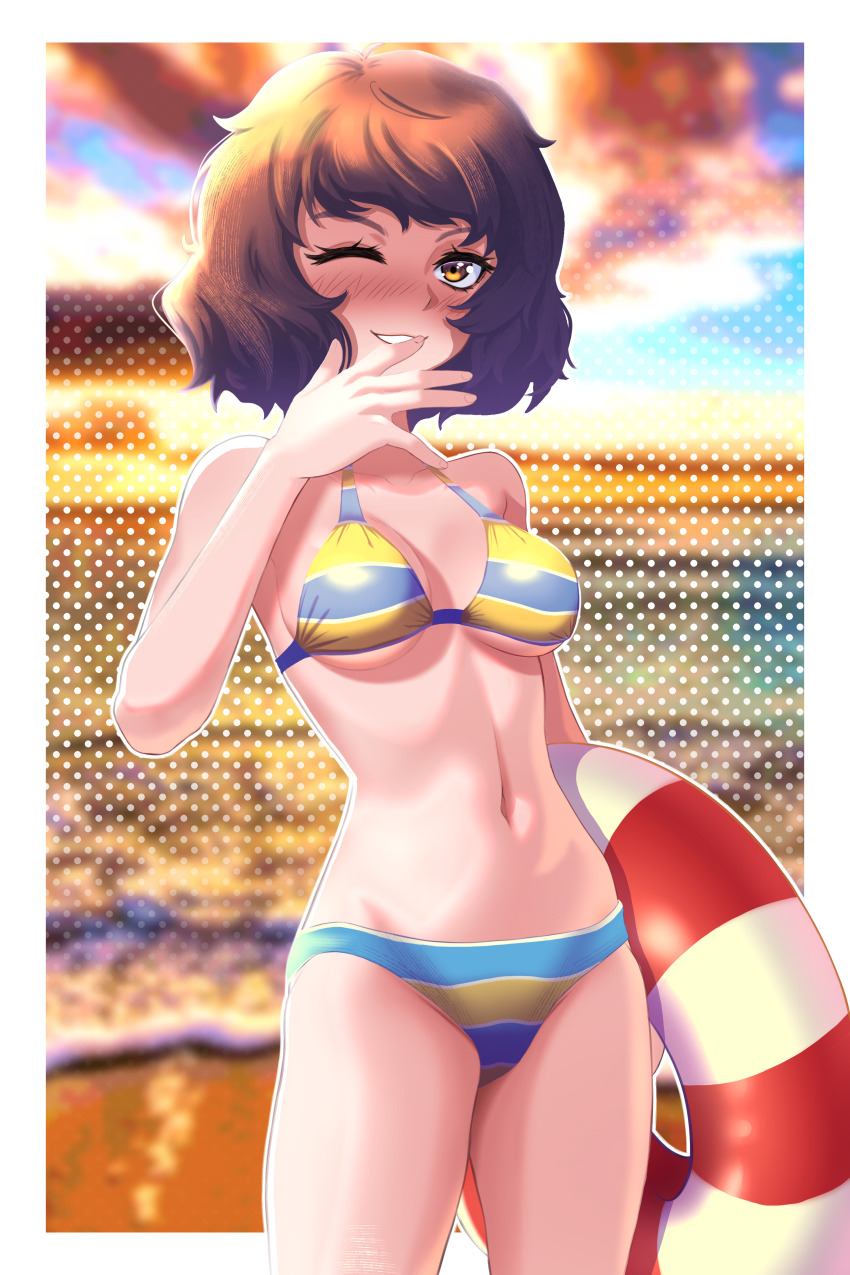 1girl, absurdres, amaterasu_(amaterasu1), beach, bikini, blue_bikini, blush, breasts, brown_eyes, brown_hair, cleavage, commentary, english_commentary, highres, horizon, innertube, kawakami_sadayo, medium_breasts, nose_blush, ocean, one_eye_closed, persona, persona_5, short_hair, smile, solo, striped_bikini, striped_clothes, swim_ring, swimsuit, yellow_bikini
