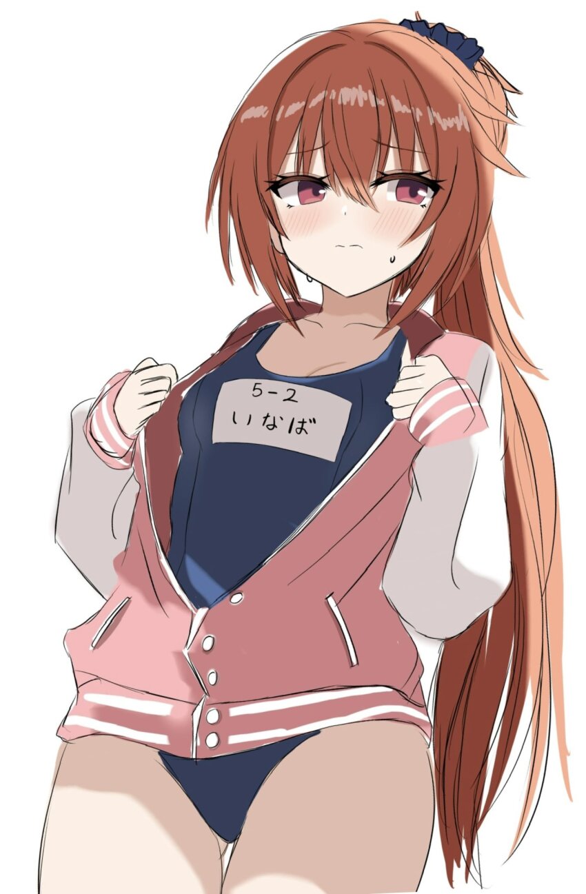 1girl, 3:, adapted_costume, alternate_hairstyle, blue_one-piece_swimsuit, blush, breasts, character_name