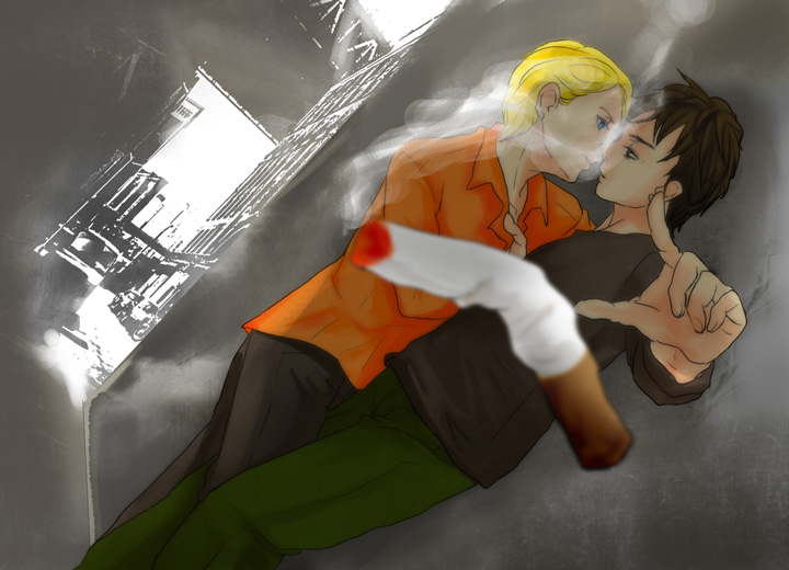 2boys, eye_contact, gregory, kiss, looking_at_another, male_focus, multiple_boys, smoke