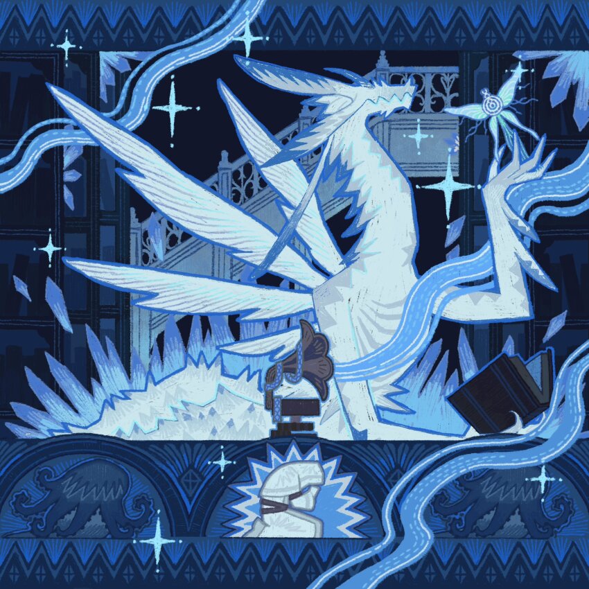 1girl, blue_background, blue_theme, book, bug, butterfly, cleric, crystal