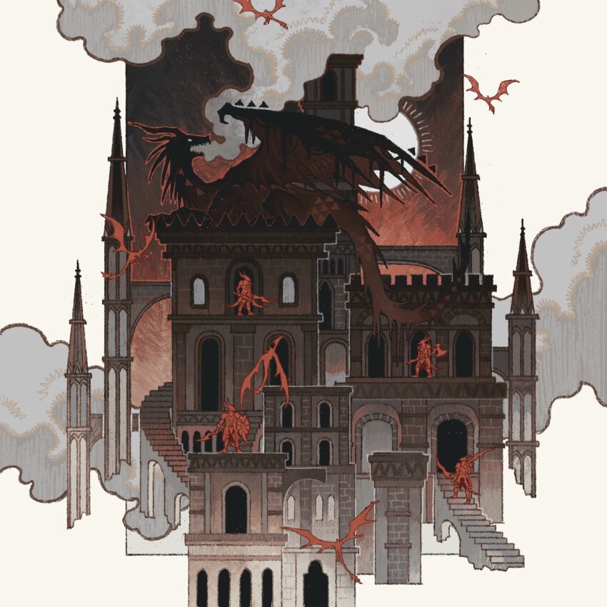 2025, 4others, ancient_dragon_(dark_souls), axe, castle, dark_souls_(series), dark_souls_ii, day, doorway, dragon, dragon_tail, flying, highres, holding, holding_axe, holding_shield, holding_sword, holding_weapon, knight, la_bo_chu_shi, multiple_others, shield, smoke, spire, stairs, stone_stairs, sun, sword, tail, weapon, white_background, wings, wyvern