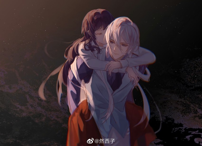 1boy, 1girl, black_background, black_hair, blunt_bangs, cael_anselm, cael_anselm_(everyday_outfit), carrying