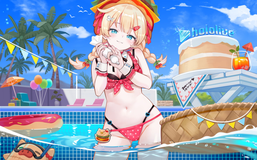 1girl, absurdres, adapted_costume, akai_haato, akai_haato_(waitress), aqua_eyes, bikini, black_bikini