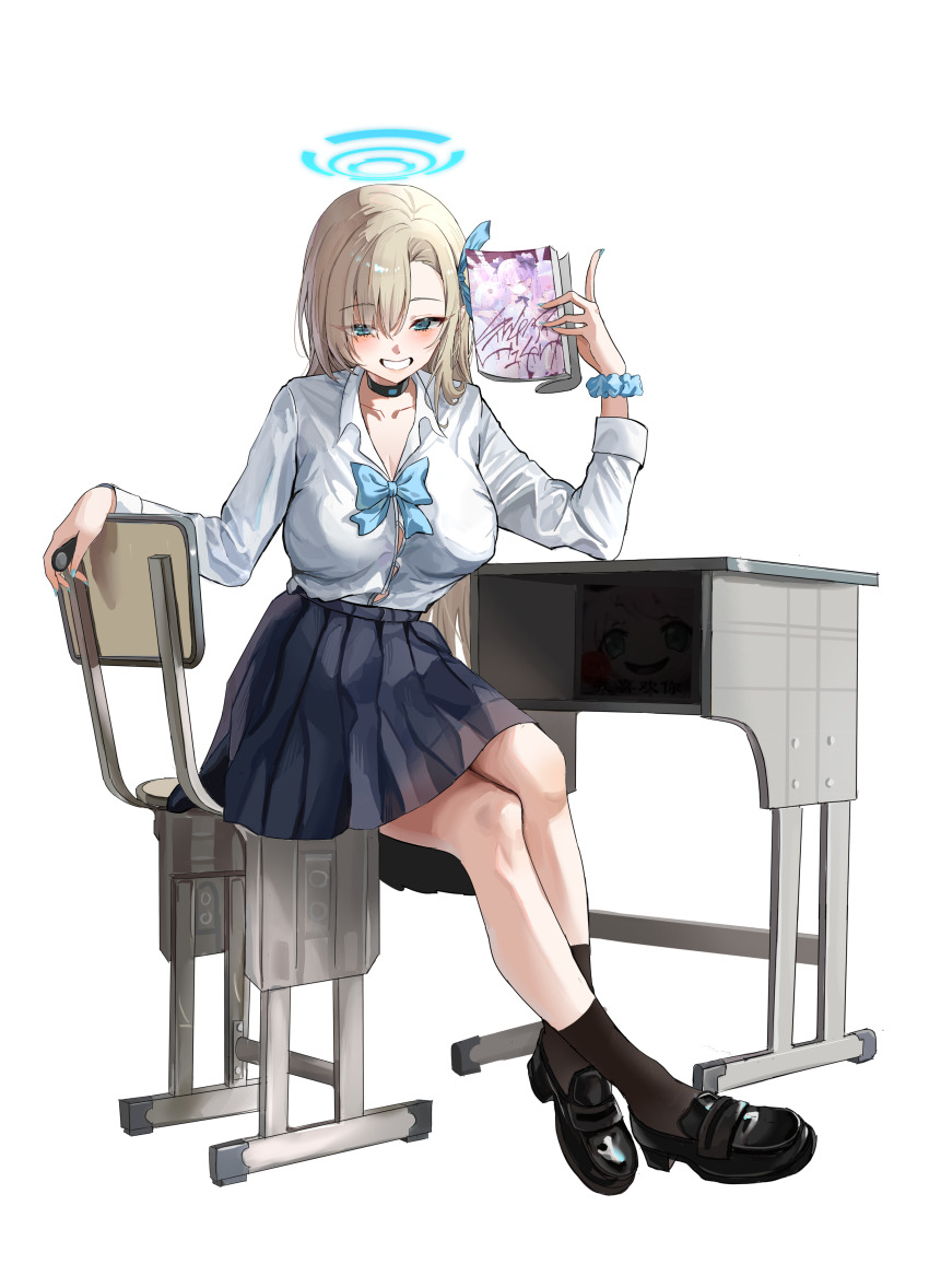 1girl, :d, absurdres, asuna_(blue_archive), asuna_(school_uniform)_(blue_archive), black_choker, black_shoes, black_skirt, black_socks, blonde_hair, blue_archive, blue_bow, blue_bowtie, blue_halo, blue_nails, blue_ribbon, blue_scrunchie, blush, book, bow, bowtie, breasts, button_gap, chair, chinese_commentary, choker, cleavage, collarbone, collared_shirt, commentary_request, crossed_ankles, dress_shirt, eyes_visible_through_hair, full_body, grin, hair_over_one_eye, hair_ribbon, halo, hand_up, highres, holding, holding_book, large_breasts, loafers, long_bangs, long_hair, long_sleeves, looking_at_viewer, miniskirt, nail_polish, official_alternate_costume, on_chair, open_mouth, pleated_skirt, ribbon, school_uniform, scrunchie, shirt, shoes, simple_background, sitting, skirt, smile, socks, solo, straight_hair, white_background, white_shirt, wrist_scrunchie, zhuti483486